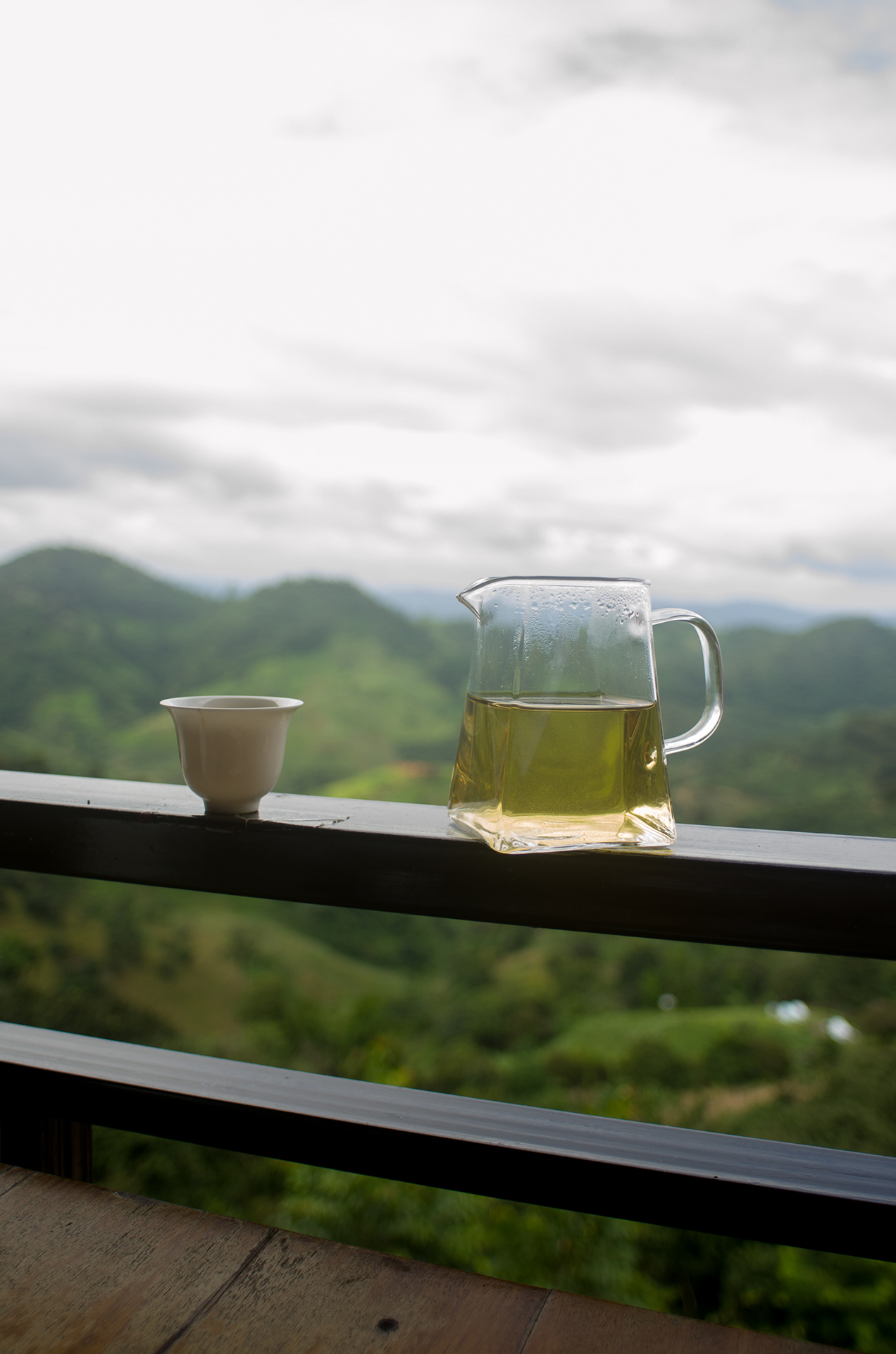 Teapot with a mountain backdrop.